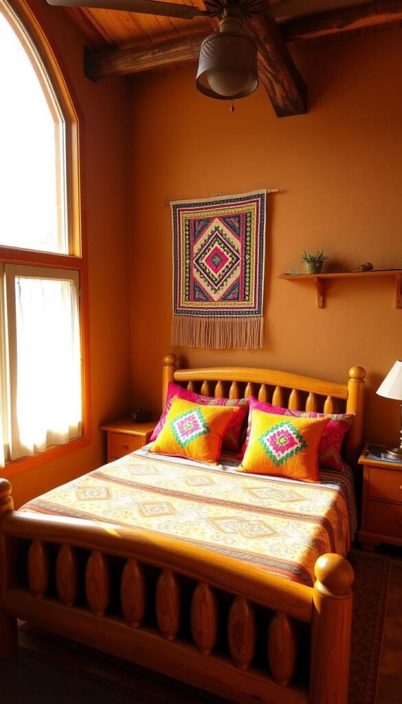 A cozy and inviting guest bedroom with a touch of local flair. The room features warm, earthy tones, with a handcrafted wooden bed frame and nightstands. Vibrant textiles, like a patterned quilt and colorful throw pillows, add personality. A large window floods the space with natural light, illuminating a prominent piece of local artwork or wall hanging that reflects the region's culture. Subtle nods to the local landscape, such as a small potted plant or decorative accent, create a sense of place. The overall atmosphere is one of comfort and relaxation, encouraging guests to feel at home.