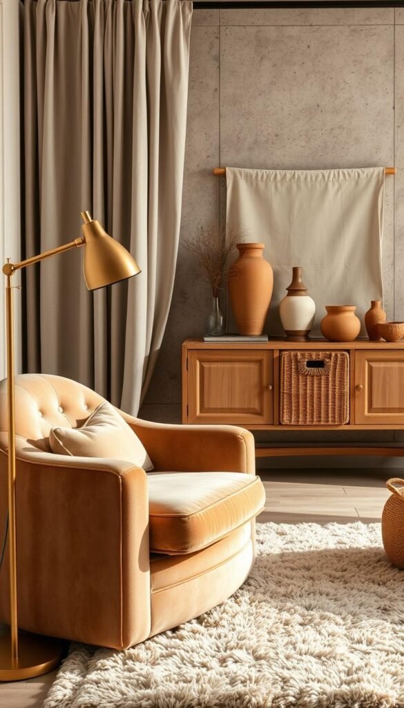 A cozy and inviting layered interior with warm textures and soothing natural tones. In the foreground, a plush velvet armchair sits atop a lush shag rug, the light from a brass floor lamp casting a golden glow. In the middle ground, a wooden console table displays ceramic vases and woven baskets, complemented by a linen curtain that cascades from the ceiling. The background features a textured stone or concrete wall, adding depth and visual interest. Soft, diffused lighting illuminates the scene, creating an atmosphere of tranquility and sophistication. The composition emphasizes the tactile, layered elements that contribute to an elegant and harmonious living space. A cozy and inviting layered interior with warm textures and soothing natural tones. In the foreground, a plush velvet armchair sits atop a lush shag rug, the light from a brass floor lamp casting a golden glow. In the middle ground, a wooden console table displays ceramic vases and woven baskets, complemented by a linen curtain that cascades from the ceiling. The background features a textured stone or concrete wall, adding depth and visual interest. Soft, diffused lighting illuminates the scene, creating an atmosphere of tranquility and sophistication. The composition emphasizes the tactile, layered elements that contribute to an elegant and harmonious living space.