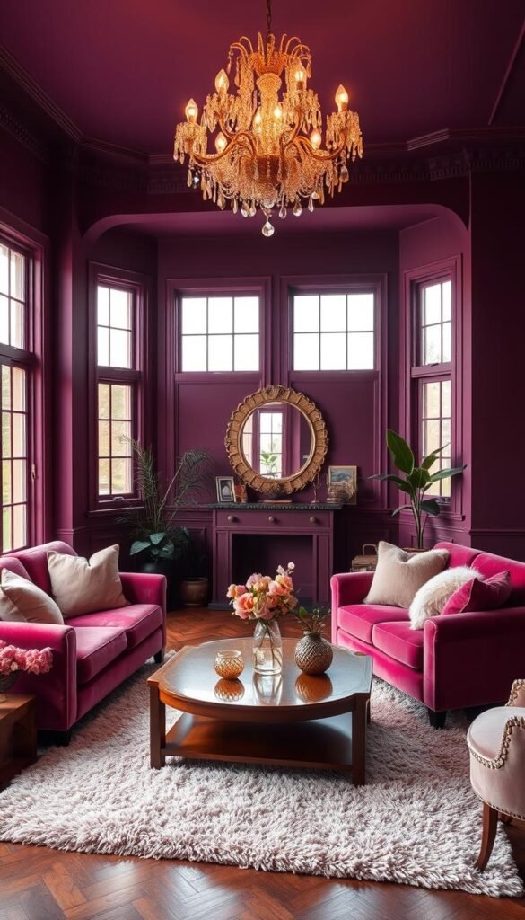 A cozy and inviting living room bathed in a harmonious blend of deep purple and soft pink hues. The walls are painted in a rich, velvety plum, creating a sophisticated and moody ambiance. Plush velvet sofas in a pale, blush pink are arranged around a polished, wooden coffee table, complemented by a shaggy rug in complementary tones. The room is illuminated by a delicate, crystal chandelier that casts a warm, flattering glow, and large windows allow natural light to pour in, highlighting the room's luxurious textures and color palette. Accents of metallic and glass elements, such as a gilded mirror and glass vases, add a touch of glamour, while potted plants and soft throw pillows lend a cozy, inviting feel.