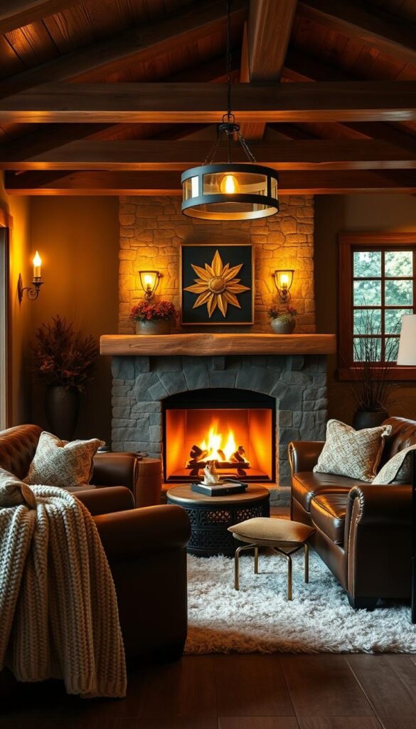 A cozy and inviting living room bathed in the warm glow of a crackling fireplace. Soft, ambient lighting from brass sconces and a rustic pendant casts a golden hue across the space. Plush, overstuffed leather armchairs and a deep, tufted sofa beckon you to sink in and relax. Wooden ceiling beams and a stone fireplace surround add natural, rustic charm. A fluffy area rug and thick knit throw blankets complete the cozy, hygge-inspired atmosphere, creating an ideal space to unwind on a chilly evening.
