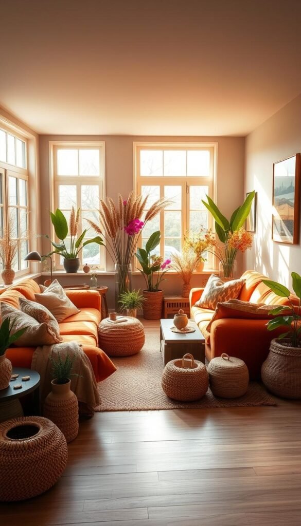 A cozy and inviting living room filled with warm, earthy tones. Soft, diffused lighting illuminates the space, creating a welcoming ambiance. Plush, oversized furniture in shades of ochre and terracotta are complemented by wooden accents and natural textures, such as jute rugs and woven baskets. Large windows allow natural light to flood the room, casting a gentle glow across the space. Vibrant houseplants and dried floral arrangements add pops of cheerful color, infusing the room with a sense of optimism and energy. The overall atmosphere is one of calm, comfort, and a celebration of natural, organic elements.