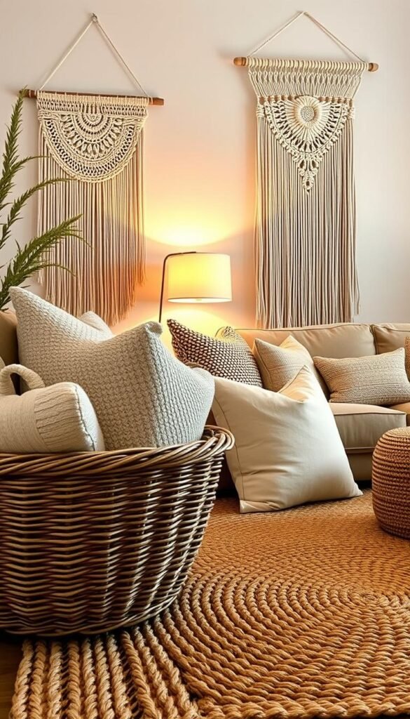 A cozy and inviting living room scene featuring a well-curated selection of woven texture decor accents. In the foreground, a rustic wicker basket overflows with soft, neutral-toned throw pillows, their intricate weaving patterns casting gentle shadows. Beside it, a handcrafted macrame wall hanging cascades elegantly, its delicate strands framing the scene. In the middle ground, a natural fiber area rug grounds the space, its intricate woven design adding warmth and depth. Warm, diffused lighting from a pair of floor lamps bathes the room in a cozy, earthy glow, creating an atmosphere of relaxed refinement. The overall impression is one of artisanal, handmade charm, perfectly suited to a modern country living room.