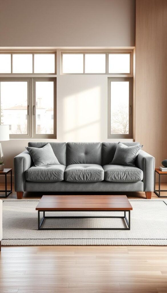 A cozy and inviting living room setting with a textured gray sofa as the centerpiece. Soft, natural lighting filters in through large windows, casting a warm glow on the plush, velvety upholstery. The sofa is positioned in the middle ground, flanked by minimalist side tables and a low, wooden coffee table. In the background, a neutral-toned accent wall adds depth and visual interest, with subtle patterns or textures that complement the sofa's luxurious appearance. Carefully curated decor, such as plush throw pillows and a soft, woven rug, contribute to the overall sense of comfort and sophistication. The composition emphasizes the tactile quality of the sofa, inviting the viewer to imagine sinking into its cushions and experiencing the soothing, textured surface.