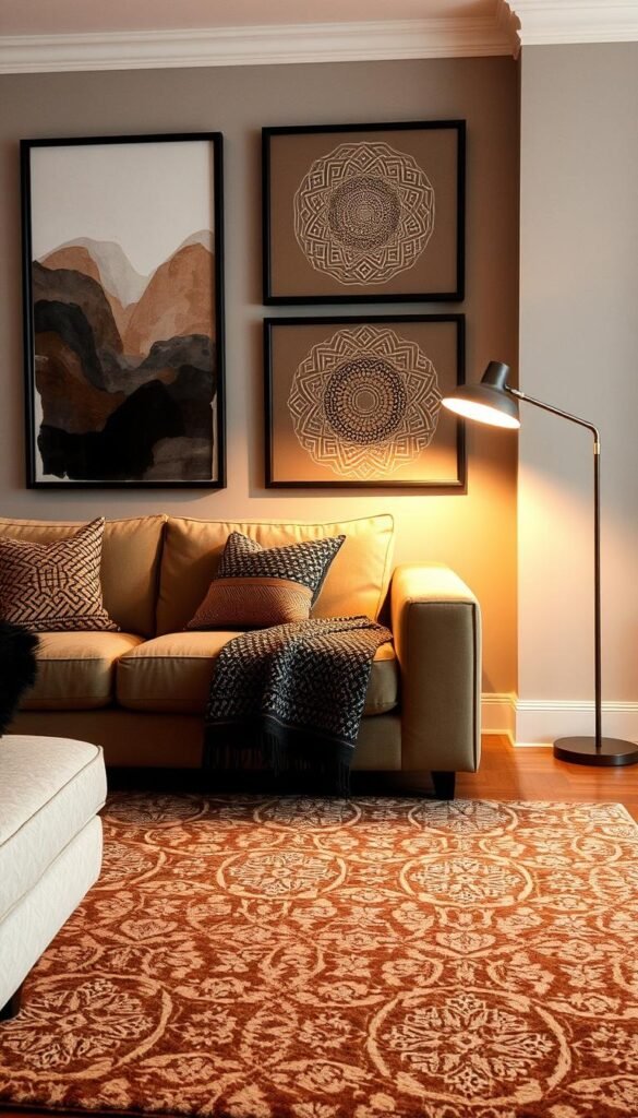 A cozy and inviting living room with a harmonious blend of patterns. In the foreground, a plush sofa with a patterned throw blanket and decorative pillows in complementary hues of brown and black. In the middle ground, a patterned area rug anchors the space, featuring a intricate geometric design that ties the room together. On the walls, framed prints with abstract patterns in muted tones add visual interest without overwhelming the senses. Soft, warm lighting from a modern floor lamp casts a gentle glow, creating a serene and sophisticated ambiance. The overall composition strikes a balance between bold patterns and neutral tones, resulting in a visually stunning and cohesive interior design.