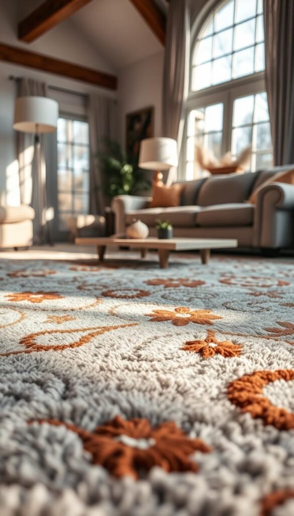 A cozy and inviting living room with a large, plush gray and rust patterned area rug in the foreground. The rug's intricate design features a mix of muted tones, subtle textures, and organic shapes that create a warm and autumnal atmosphere. The lighting is soft and natural, with a mix of floor lamps and sunlight filtering in through large windows, casting a gentle glow on the rug's surface. The background is slightly blurred, hinting at tasteful, earthy-toned furnishings that complement the rug's palette. The overall scene exudes a sense of comfort, relaxation, and a touch of rustic elegance, perfectly capturing the essence of the "Gray and Rust Living Room Decor" theme.