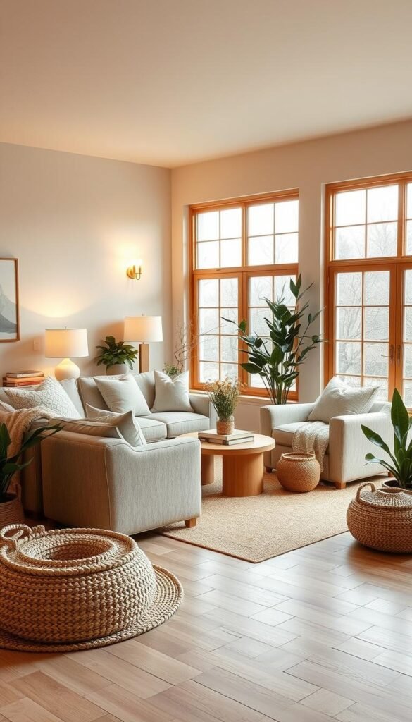 A cozy and inviting living room with a serene neutral color palette. The space features plush, textured furnishings in shades of beige, taupe, and ivory, complemented by natural wood accents and earthy tones. Warm ambient lighting from floor lamps and sconces creates a soothing atmosphere, while large windows allow natural light to flood the room, casting a soft, diffused glow. The layout is balanced and harmonious, with a comfortable sofa, armchair, and coffee table forming a cohesive seating arrangement. Woven baskets, natural fiber rugs, and potted plants add organic elements that blend seamlessly with the muted color scheme, evoking a sense of warmth and tranquility.