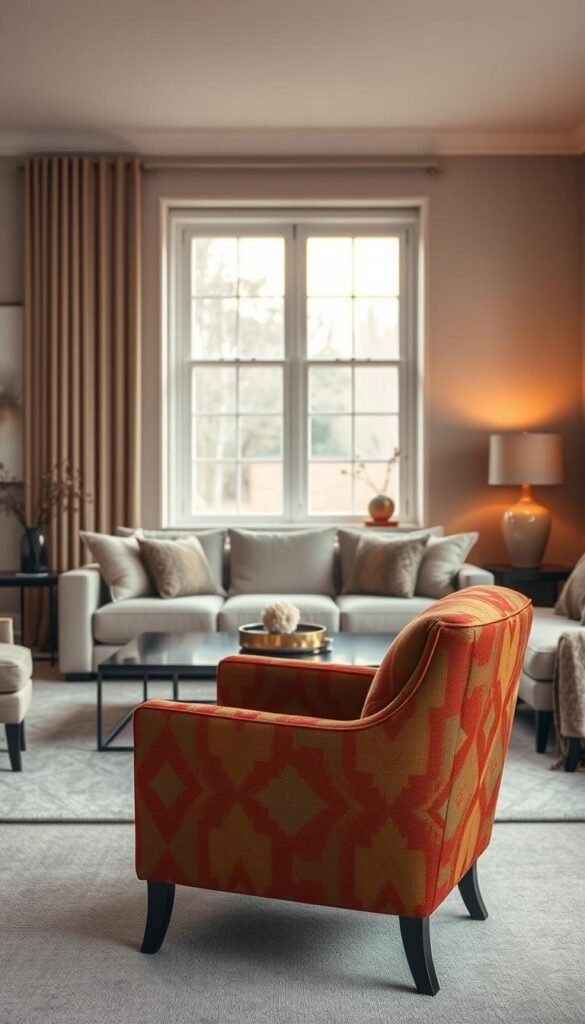 A cozy and inviting living room with a striking patterned accent chair as the centerpiece. The chair is positioned in the foreground, its bold geometric design in rich tones of ochre, olive, and crimson, commanding attention. Warm, diffused lighting filters in through large windows, casting a soft glow and creating a sophisticated, tranquil atmosphere. The middle ground features a modern, minimalist sofa and a sleek, low-profile coffee table, allowing the chair to be the focal point. The background showcases neutral-toned walls and subtle, textured accents, providing a harmonious and visually compelling setting for this striking, statement-making piece of furniture.