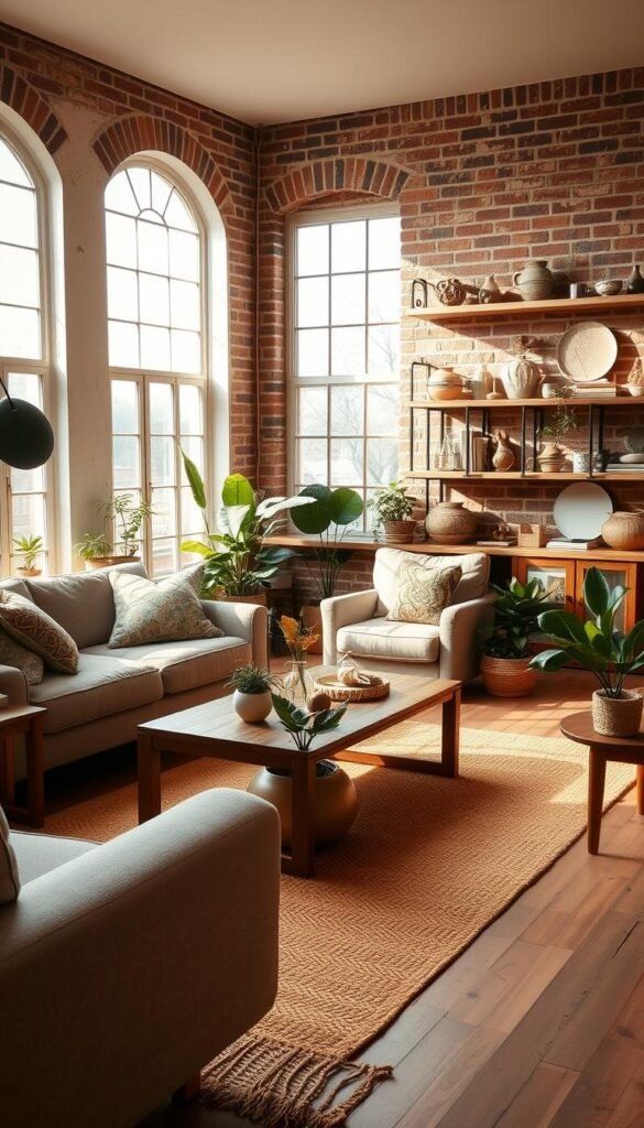 A cozy and inviting living room with a warm, earthy color palette. Sunlight filters through large windows, casting a soft glow on the natural textures and materials. In the foreground, a plush, neutral-toned sofa and armchair are arranged around a low, wooden coffee table. Midground features a handwoven area rug in earthy tones, complemented by potted plants and natural wood accents. The background showcases exposed brick walls and shelves displaying ceramics, books, and other decorative pieces. The overall mood is one of comfort, relaxation, and a connection to the natural world.