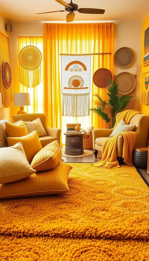 A cozy and inviting living room with an array of vibrant yellow textiles and plush rugs. The foreground features a large, plush area rug with a bold geometric pattern in shades of mustard and saffron. Layered on top are a collection of throw pillows in various hues of sunshine and lemon, some with subtle patterns, others solid. In the middle ground, a pair of cozy armchairs are draped with soft, textured throws in golden tones. The background showcases a collection of woven wall hangings and vibrant curtains in a spectrum of warm, citrusy yellows, filling the space with a radiant, cheerful glow. The lighting is warm and diffused, creating a comfortable, inviting atmosphere.
