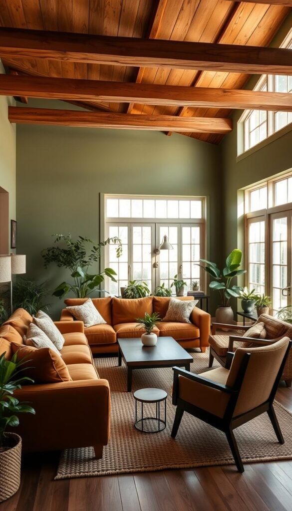 A cozy and inviting living room with an earthy color palette inspired by nature. The room features a plush, oversized sofa in a deep ochre hue, paired with a low, wooden coffee table and a pair of mid-century modern armchairs upholstered in a warm, textured fabric. The walls are painted in a soft, muted green, creating a calming and grounded atmosphere. Rustic wooden beams line the ceiling, adding to the natural, organic feel. Large windows allow ample natural light to flood the space, illuminating the room with a gentle, golden glow. Lush, potted plants and a woven area rug in earthy tones complete the serene, biophilic design.