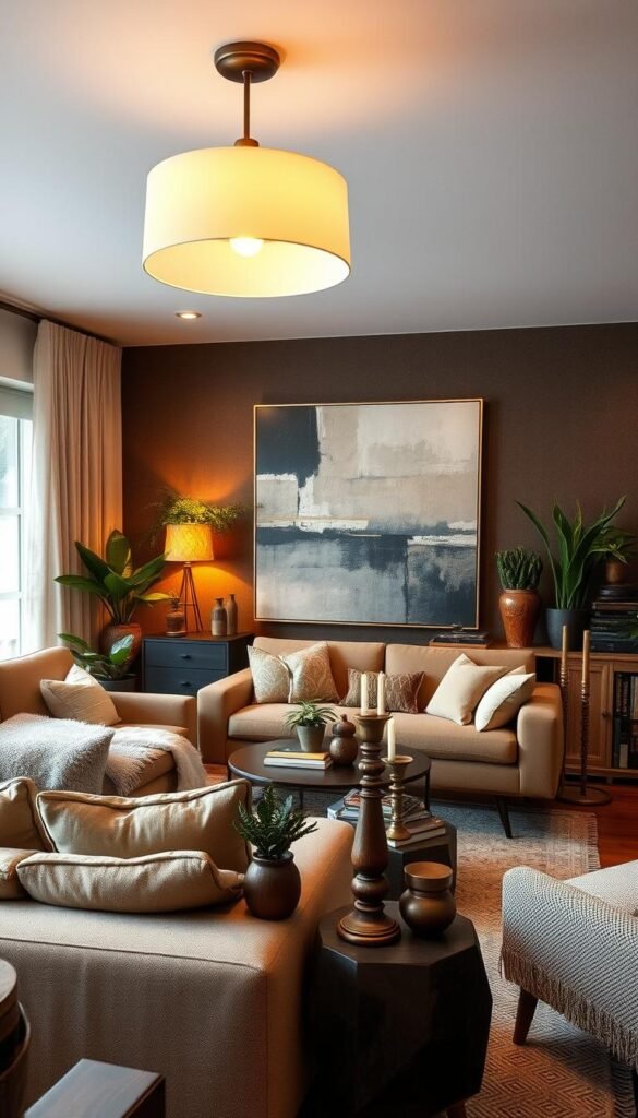 A cozy and inviting living room with an eclectic blend of modern and vintage elements. Soft, warm lighting casts a gentle glow, illuminating a mix of mid-century modern furniture, plush textiles, and rustic decor accents. A statement piece, such as an oversized pendant lamp or a large-scale abstract painting, serves as the focal point, while eclectic accessories like potted plants, carved wooden sculptures, and antique brass candlesticks add layers of visual interest. The space exudes a sense of collected, curated charm, inviting relaxation and conversation.