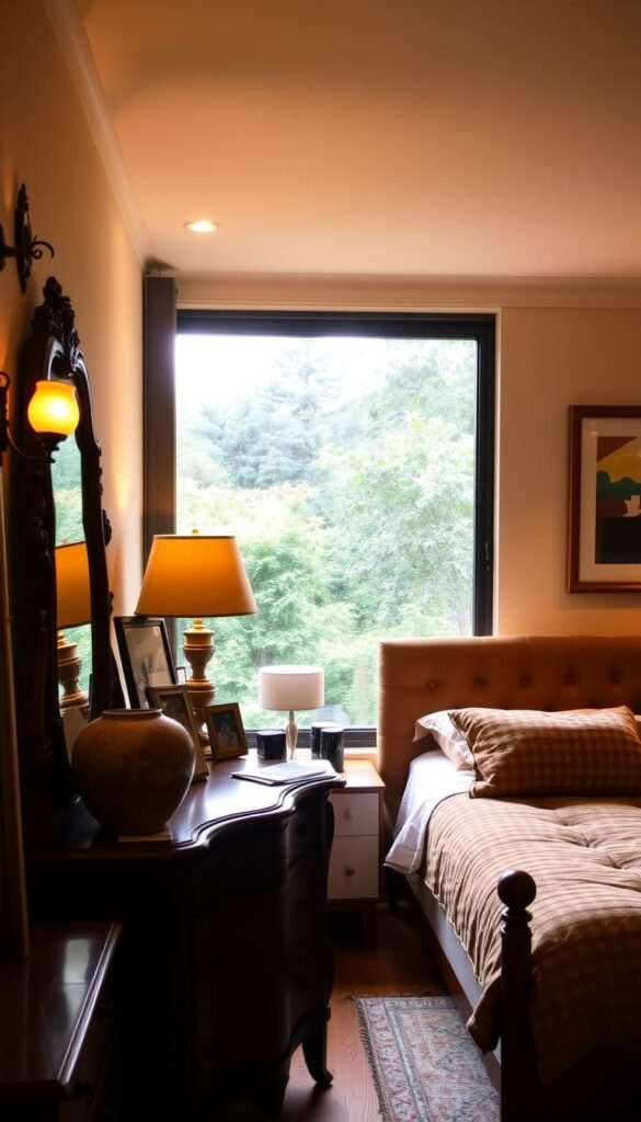 A cozy and inviting midcentury-inspired bedroom, bathed in warm, soft lighting from a vintage floor lamp and a pair of sconce-mounted wall lights. In the foreground, an ornately carved wooden dresser with a retro-style mirror and a selection of decorative vintage objects - a ceramic vase, a brass candlestick, and a framed abstract artwork. The middle ground features a plush, tufted headboard in a rich, earthy velvet, complemented by a pair of simple, streamlined nightstands. In the background, a large window overlooking a lush, greenery-filled landscape, creating a serene, nature-inspired atmosphere.