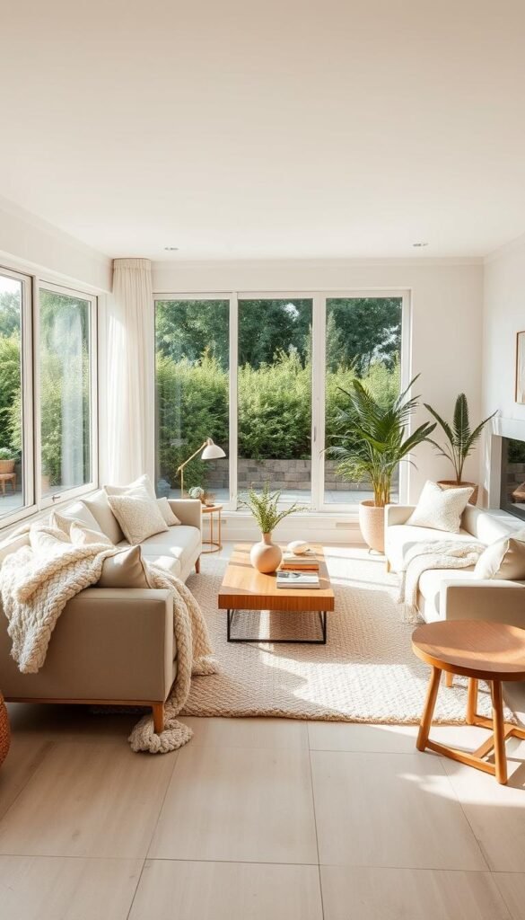 A cozy and inviting minimalist living room, with soft, layered beiges and ivories creating a warm and serene atmosphere. The room is flooded with natural light, streaming through large, picture windows that overlook a lush, green outdoor space. Plush, textured area rugs and chunky knit throws add depth and dimension, while sleek, modern furniture in neutral tones anchors the space. Subtle pops of warm wood tones in the coffee table and side tables complement the earthy color palette, while strategically placed potted plants and subtle wall decor create a sense of balance and harmony. The overall impression is one of refined simplicity and soothing tranquility.