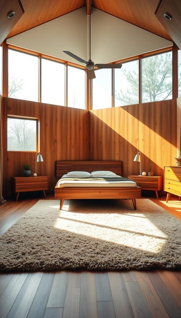 A cozy and inviting modern bedroom, bathed in warm natural light filtering through large windows. The focal point is a wooden bedframe with a sleek, minimalist design, complemented by matching nightstands and a dresser. The walls are paneled with rich, honey-toned wood, creating a sense of depth and texture. Plush area rugs in earthy tones anchor the space, while subtle metallic accents in the lighting and hardware add a touch of sophistication. The overall atmosphere is serene and tranquil, perfectly capturing the essence of midcentury modern design.