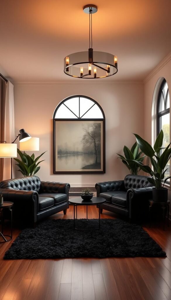 A cozy and inviting modern black living room, bathed in warm, soft lighting from a pair of sleek floor lamps and a large, minimalist chandelier overhead. The room features a plush, deep-tufted black leather sofa paired with a matching armchair, both positioned in front of a large, framed abstract artwork on the wall. The hardwood floor is covered by a shaggy black area rug, and a small, modern black coffee table sits in the center of the seating arrangement. Tall, lush houseplants in black ceramic pots add a touch of greenery, while a large, arched window fills the space with natural light, offering a view of a serene, tree-lined urban landscape beyond.