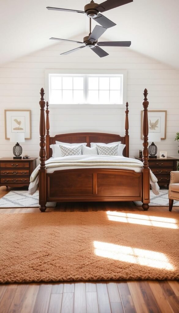 A cozy and inviting modern farmhouse bedroom, flooded with warm natural light from large windows. The focal point is a wooden four-poster bed with crisp white linens and patterned throw pillows. In the foreground, a plush area rug in earthy tones grounds the space. Vintage-inspired nightstands with bronze hardware flank the bed, topped with rustic lamps casting a soft glow. The walls are adorned with shiplap paneling, accentuated by neutral-toned artwork in simple white frames. A wooden dresser and armchair complete the layered, lived-in feel, evoking a sense of timeless comfort and sophistication.