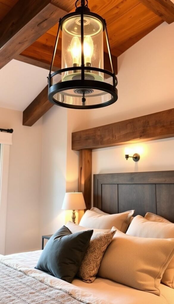 A cozy and inviting modern farmhouse bedroom, with a rustic yet refined atmosphere. Warm, soft lighting illuminates the space, creating a serene and tranquil ambiance. Overhead, a statement light fixture with a mix of metals and glass casts a gentle glow, complementing the exposed wooden beams and natural wood tones throughout the room. Sconces on the walls provide additional task lighting, their soft light reflecting off the neutral color palette. Plush bedding in earthy tones and textures invites relaxation, while a vintage-inspired side table with a simple lamp adds a touch of character. The overall effect is a harmonious blend of modern and farmhouse elements, creating a bedroom that feels authentically lived-in and welcoming.