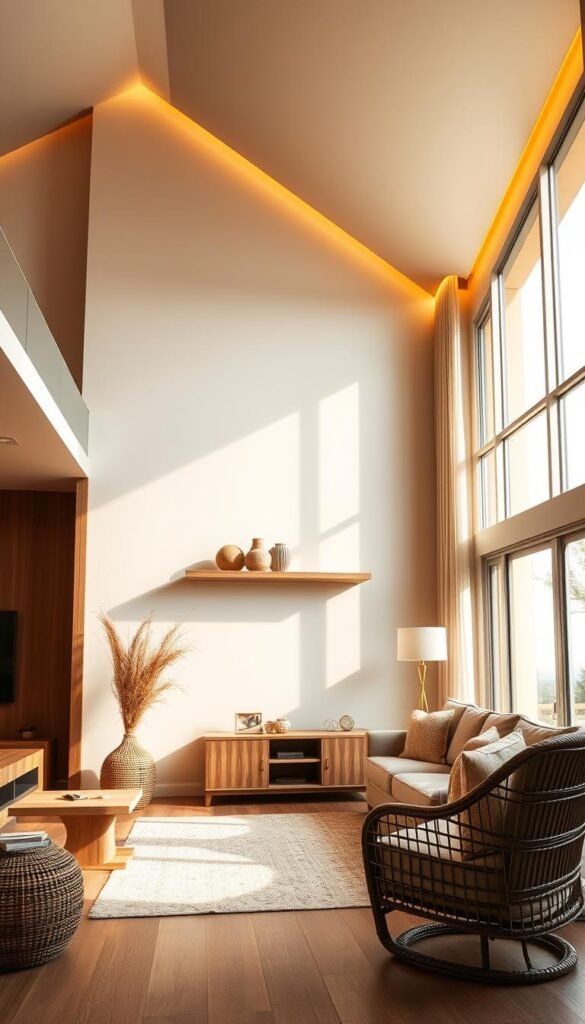 A cozy and inviting modern living room with a high ceiling, illuminated by warm, diffuse lighting. The focal point is a collection of natural wood elements - a floating wooden shelf, a wooden side table, and a woven wicker chair. The wood tones create a sense of texture and warmth, complementing the neutral color palette and minimalist decor. The room is framed by large windows that allow natural light to filter in, casting a soft, golden glow throughout the space. The overall atmosphere is one of sophistication and tranquility, perfect for a luxurious open-concept living area.