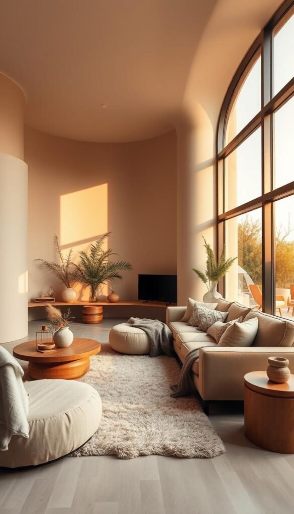 A cozy and inviting modern living room with soft, curved furniture and walls. Warm natural light filters through large windows, casting a golden glow on the beige and cream tones. Smooth, flowing textures like plush rugs, soft throws, and rounded decorative elements soften the angular architectural details. A mix of natural materials like wood, stone, and woven accents add depth and visual interest. The overall atmosphere is one of tranquil sophistication, blending the clean lines of modern design with the comforting embrace of organic shapes and textures.