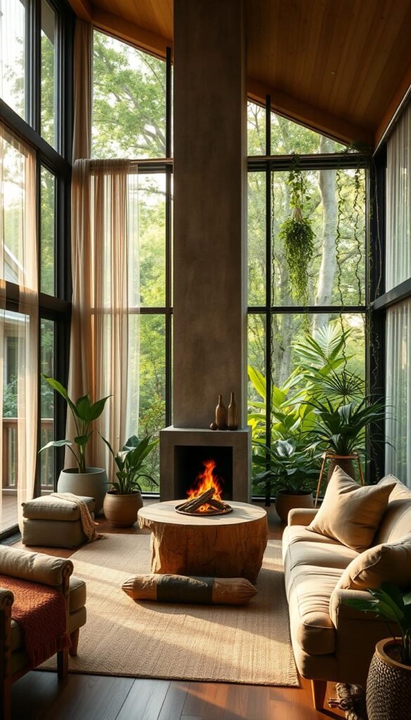 A cozy and inviting natural living room, with seamless indoor-outdoor connection. Floor-to-ceiling windows and sliding glass doors open to a lush, verdant garden. Soft, diffused natural lighting filters through sheer curtains, casting a warm, serene glow. Plush, earthy-toned furniture and natural wood accents blend harmoniously with the surrounding greenery. A stone or concrete fireplace anchors the space, its flickering flames visible through the glass. Potted plants and trailing vines adorn the windowsills, blurring the boundaries between indoors and out. The overall atmosphere radiates tranquility and a deep connection to the natural world.