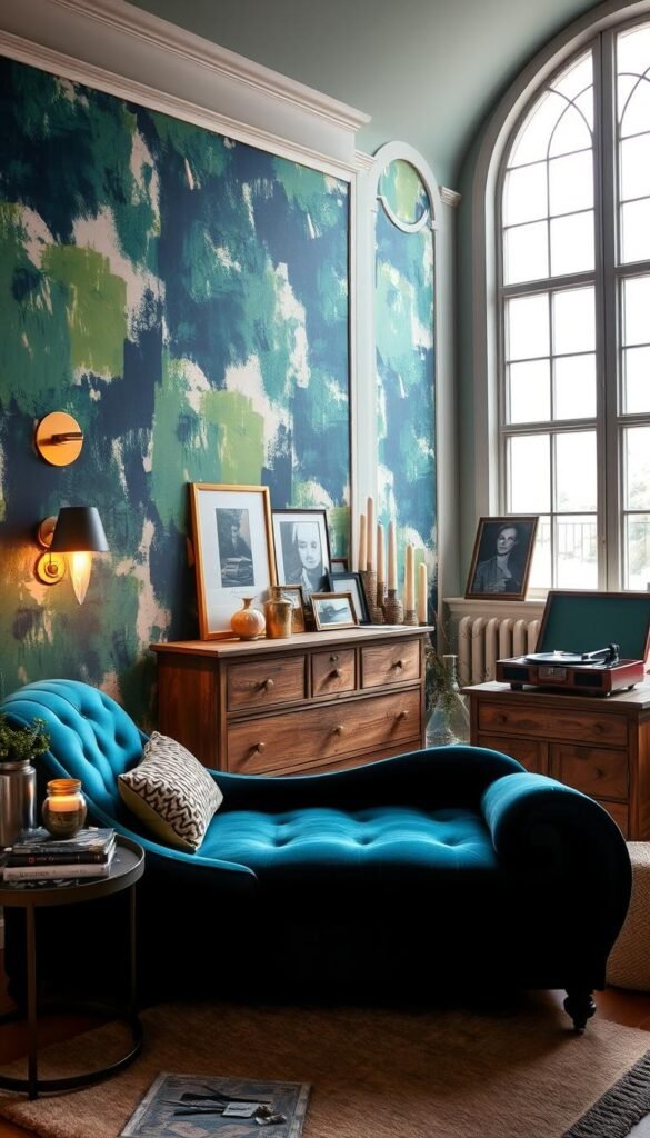 A cozy and inviting personal passion bedroom, with bold, vibrant wallpaper featuring an abstract, painterly pattern in shades of teal, chartreuse, and deep indigo. The warm, soft lighting from a pair of minimalist brass sconces casts a gentle glow, creating an atmosphere of relaxation and self-expression. In the foreground, a plush, velvet-upholstered chaise longue invites one to recline and get lost in a favorite hobby or creative pursuit, while a small side table holds an array of inspiring trinkets and personal mementos. The middle ground features a large, distressed wood dresser, its surface adorned with framed photographs, artful candles, and a vintage turntable playing a beloved vinyl record. The background showcases tall, arched windows that flood the space with soft, natural light, hinting at the broader world beyond this deeply personal sanctuary.