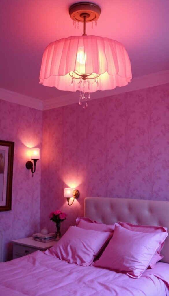 A cozy and inviting pink bedroom, bathed in a warm, diffused glow. The overhead lighting features delicate, cascading shades that emit a soft, rosy hue, creating an intimate and serene atmosphere. The walls are adorned with subtle floral wallpaper, complementing the plush pink bedding and accents. Soft, indirect lighting from sconces and bedside lamps casts a gentle, ambient radiance, gently illuminating the space. The overall effect is one of calm, comfort, and a sense of peaceful relaxation, perfect for a restful and rejuvenating night's sleep.