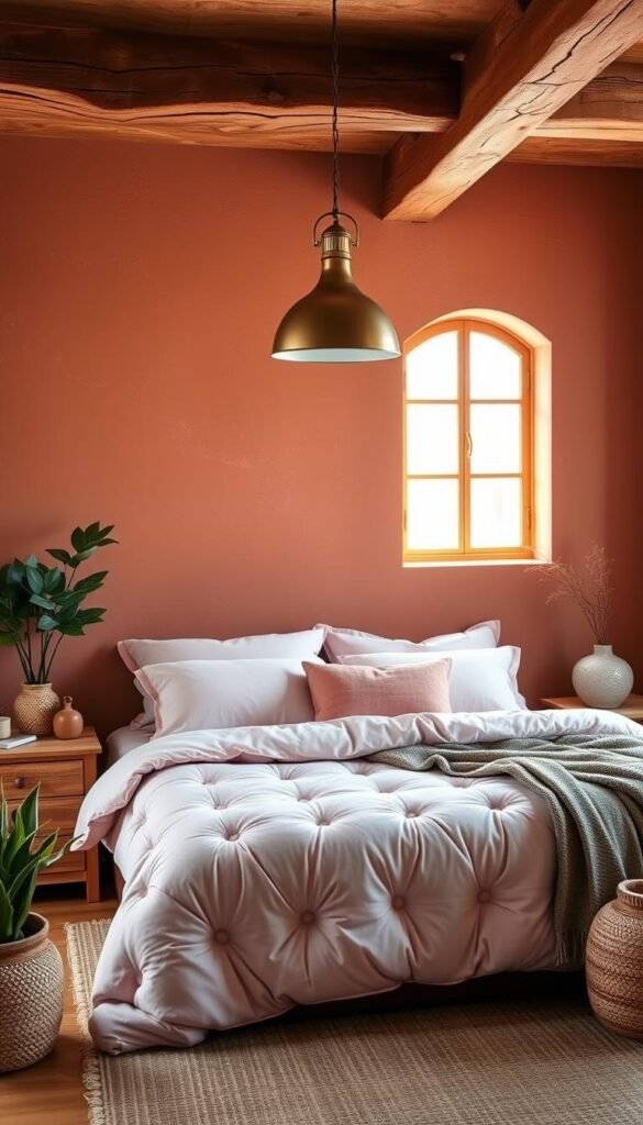 A cozy and inviting pink earthy bedroom design. Soft, textured walls in a warm terracotta hue create a relaxing ambiance. Plush, tufted blush pink bedding is complemented by earthy wood tones in the nightstands and rustic beams overhead. Warm, diffused lighting from a brass pendant lamp casts a gentle glow, while a large window allows natural light to pour in, illuminating the space. Woven accents, potted plants, and earthy ceramics add natural, organic touches throughout. The overall effect is a harmonious, serene sanctuary that invites relaxation and rest.