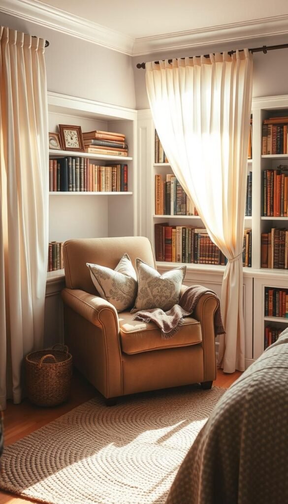 A cozy and inviting reading nook in a warm, well-lit bedroom. A plush armchair sits in a sunny corner, surrounded by built-in bookshelves filled with vintage books. The space is bathed in soft, natural light filtering through sheer curtains. A woven area rug adds texture, while a cozy throw and decorative pillows make the chair irresistibly comfortable. The overall atmosphere is one of calm, relaxation, and quiet contemplation.