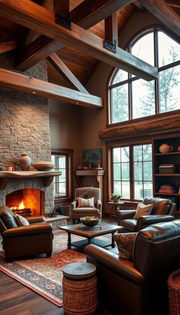 A cozy and inviting rustic living room with warm lighting and a crackling fireplace. Comfortable leather armchairs and a plush area rug create a welcoming atmosphere. Exposed wood beams and natural stone accents add rustic charm, while large windows allow natural light to flood the space. Bookshelves and decorative items like pottery and woven baskets add personal touches. The overall scene evokes a sense of relaxation and contentment, blending modern and traditional elements for a truly welcoming ambiance.