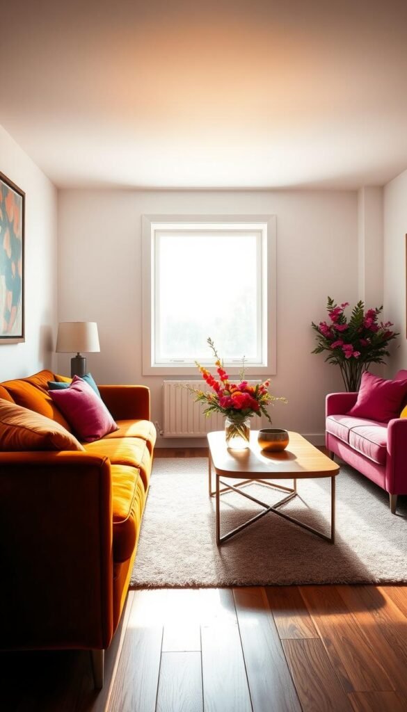 A cozy and inviting small living room with bold color accents. The space is flooded with warm, diffused natural light from a large window, casting a soft glow on the vibrant furnishings. In the foreground, a plush velvet sofa in a rich, jewel-toned hue takes center stage, complemented by colorful accent pillows. On the middle ground, a sleek wooden coffee table is adorned with a vibrant floral arrangement, adding a touch of liveliness. The background features minimalist white walls, allowing the bold color pops to truly shine. The overall atmosphere is one of modern sophistication and understated elegance, perfect for a small living area.