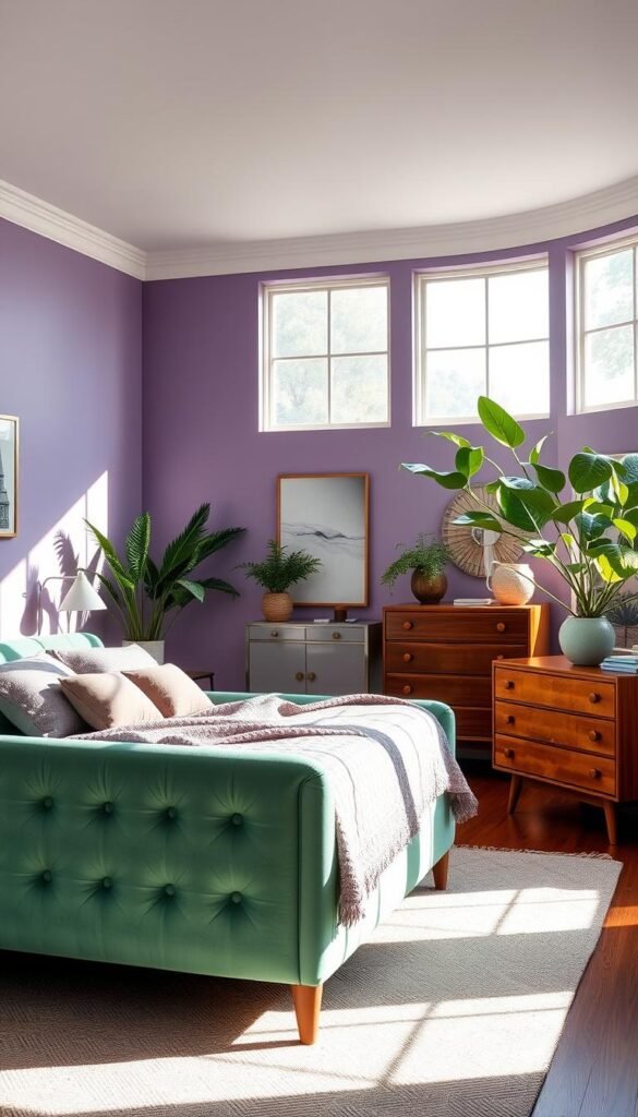 A cozy and inviting split-complementary purple and mint green bedroom. The walls are painted in a soft, muted purple hue, creating a calming and relaxing atmosphere. The focal point of the room is a plush, mint green upholstered bed frame, complemented by matching throw pillows and a textured blanket. Soft, natural light filters in through large windows, casting a warm, gentle glow across the space. Wooden furniture, including a mid-century modern dresser and nightstands, add a touch of rustic charm. Lush, potted plants and minimalist wall decor complete the tranquil, elevated aesthetic.