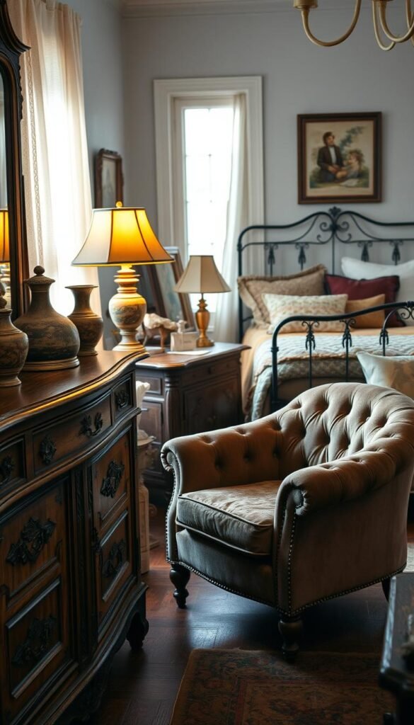 A cozy and inviting vintage bedroom, filled with a curated collection of well-worn furniture pieces that exude character and timeless charm. In the foreground, a sturdy wooden dresser with intricate carvings and a worn patina, adorned with antique vases and a tarnished mirror. Beside it, a tufted armchair in a rich, faded velvet, providing a comfortable spot to sit and admire the space. In the middle ground, a vintage nightstand with a weathered finish and a brass lamp casting a warm, golden glow. In the background, a classic iron bed frame with a plush, quilted bedspread and an array of mismatched but complementary throw pillows, creating a lived-in, eclectic vibe. The overall scene is bathed in soft, natural light, emphasizing the timeless elegance and character of the carefully curated vintage furniture.