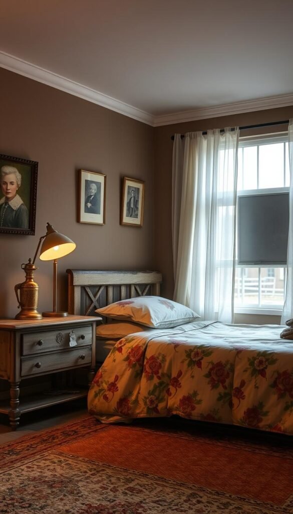 A cozy and inviting vintage bedroom with muted earth-toned walls, a distressed wood headboard, and a worn floral patterned duvet. Soft indirect lighting casts a warm glow, creating a serene and nostalgic ambiance. In the foreground, an antique brass lamp sits atop a weathered nightstand, while a plush area rug in earthy hues grounds the space. The middle ground features a delicate potted plant and vintage-inspired artwork adorning the walls. The background showcases a large window with sheer curtains, allowing natural light to filter in and highlighting the bedroom's tranquil, lived-in charm.