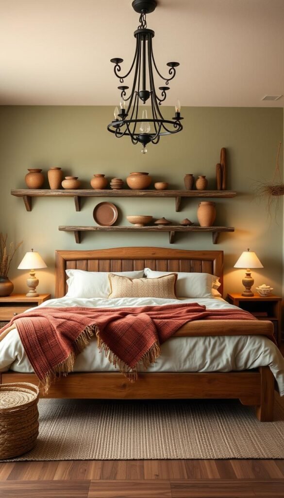 A cozy and inviting western-style bedroom, bathed in warm, earthy tones. The focal point is a rustic, wooden bed frame, complemented by soft beige linens and a woven blanket in muted shades of terracotta and ochre. The walls are painted in a soothing, natural palette of sage green, accented by weathered wooden shelves displaying pottery and natural elements. Soft, diffused lighting from a wrought-iron chandelier casts a gentle glow, creating a serene and grounded atmosphere. The overall design seamlessly blends modern and traditional elements, embodying a harmonious and timeless aesthetic. A cozy and inviting western-style bedroom, bathed in warm, earthy tones. The focal point is a rustic, wooden bed frame, complemented by soft beige linens and a woven blanket in muted shades of terracotta and ochre. The walls are painted in a soothing, natural palette of sage green, accented by weathered wooden shelves displaying pottery and natural elements. Soft, diffused lighting from a wrought-iron chandelier casts a gentle glow, creating a serene and grounded atmosphere. The overall design seamlessly blends modern and traditional elements, embodying a harmonious and timeless aesthetic.