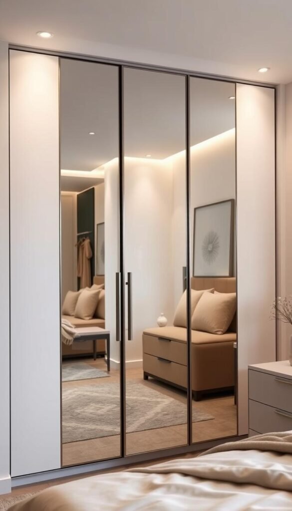 A cozy and modern bedroom with a beautiful mirrored wardrobe as the focal point. The wardrobe doors are sleek and frameless, with a high-gloss reflective finish that creates the illusion of depth and space. The lighting is soft and diffused, highlighting the elegant design and reflecting off the mirrored surfaces. The wardrobe is positioned against a neutral-colored wall, with minimalist decor and textiles complementing the overall aesthetic. The camera angle is slightly elevated, capturing the wardrobe in a harmonious and balanced composition that showcases its space-saving benefits.