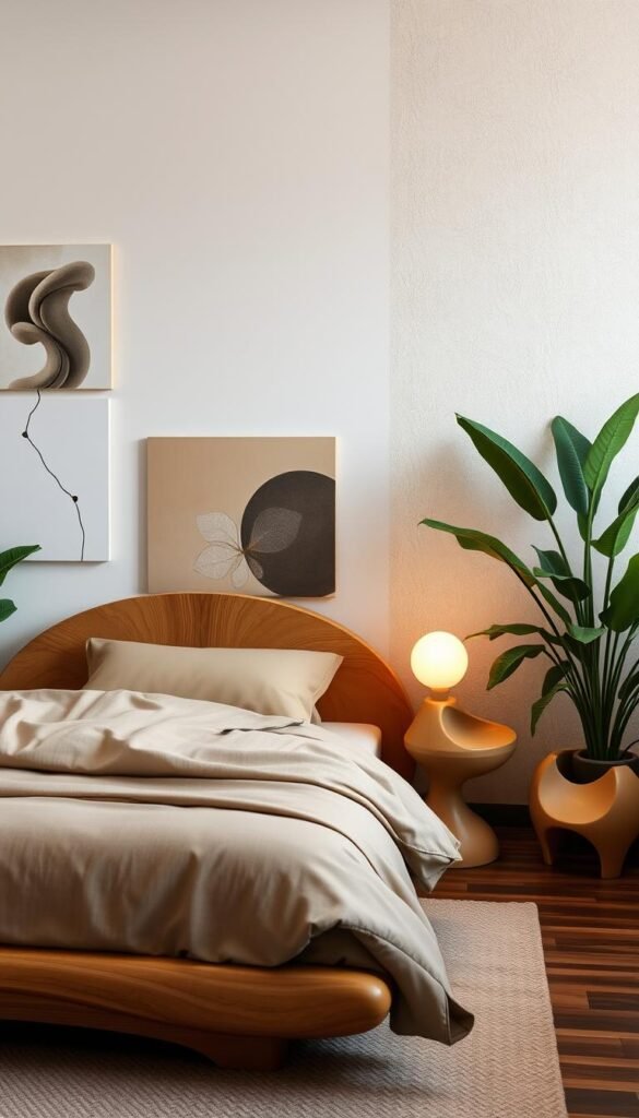A cozy and serene bedroom featuring a mix of organic shapes and natural textures. In the foreground, a low-profile bed frame with a curved headboard made of smooth, rippled wood. Atop the bed, an inviting duvet in earthy tones and natural fibers. In the middle ground, a pair of organically-shaped side tables with smooth, flowing contours, topped with sculptural lamps that cast a warm, diffused glow. Along the walls, abstract art pieces with fluid, biomorphic forms echo the organic theme. The background features a neutral-toned accent wall with a subtle, textured pattern, complemented by lush, verdant plants in simple ceramic planters. The overall atmosphere is one of tranquility and harmony, reflecting the beauty of nature within the intimate space of the bedroom. A cozy and serene bedroom featuring a mix of organic shapes and natural textures. In the foreground, a low-profile bed frame with a curved headboard made of smooth, rippled wood. Atop the bed, an inviting duvet in earthy tones and natural fibers. In the middle ground, a pair of organically-shaped side tables with smooth, flowing contours, topped with sculptural lamps that cast a warm, diffused glow. Along the walls, abstract art pieces with fluid, biomorphic forms echo the organic theme. The background features a neutral-toned accent wall with a subtle, textured pattern, complemented by lush, verdant plants in simple ceramic planters. The overall atmosphere is one of tranquility and harmony, reflecting the beauty of nature within the intimate space of the bedroom.