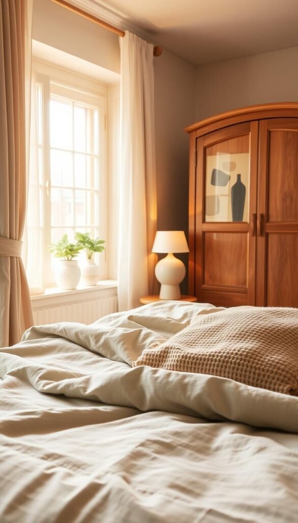 A cozy and serene bedroom scene, bathed in warm, soft lighting. In the foreground, a plush, textured duvet cover in muted tones of beige and sage green, accentuated by a knitted throw pillow in a complementary color palette. Delicate linen curtains in a pale hue frame the windows, gently billowing in a light breeze. The middle ground showcases a wooden side table with a minimalist ceramic lamp, casting a gentle glow across the space. In the background, a wooden dresser or armoire stands, adorned with a few potted plants and a framed piece of abstract japandi-inspired wall art. The overall atmosphere exudes a sense of comfort and tranquility, reflecting the blending of Japanese and Scandinavian design elements. Prompt