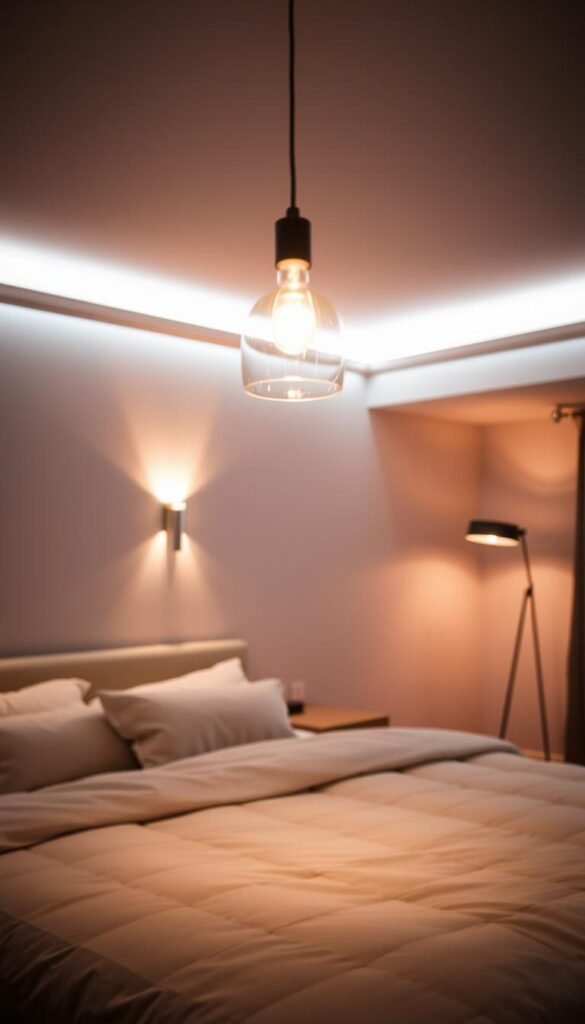 A cozy and serene bedroom with a layered lighting design. In the foreground, a delicate pendant light casts a soft glow, illuminating the plush bedding and nightstands. Recessed wall sconces in the middle ground create a warm, ambient light, while the background features a sleek floor lamp that accentuates the modern decor. Indirect lighting from a hidden valance along the ceiling's edge adds depth and a cozy, atmospheric feel. The overall lighting scheme blends harmoniously, creating a tranquil and inviting atmosphere perfect for relaxation.