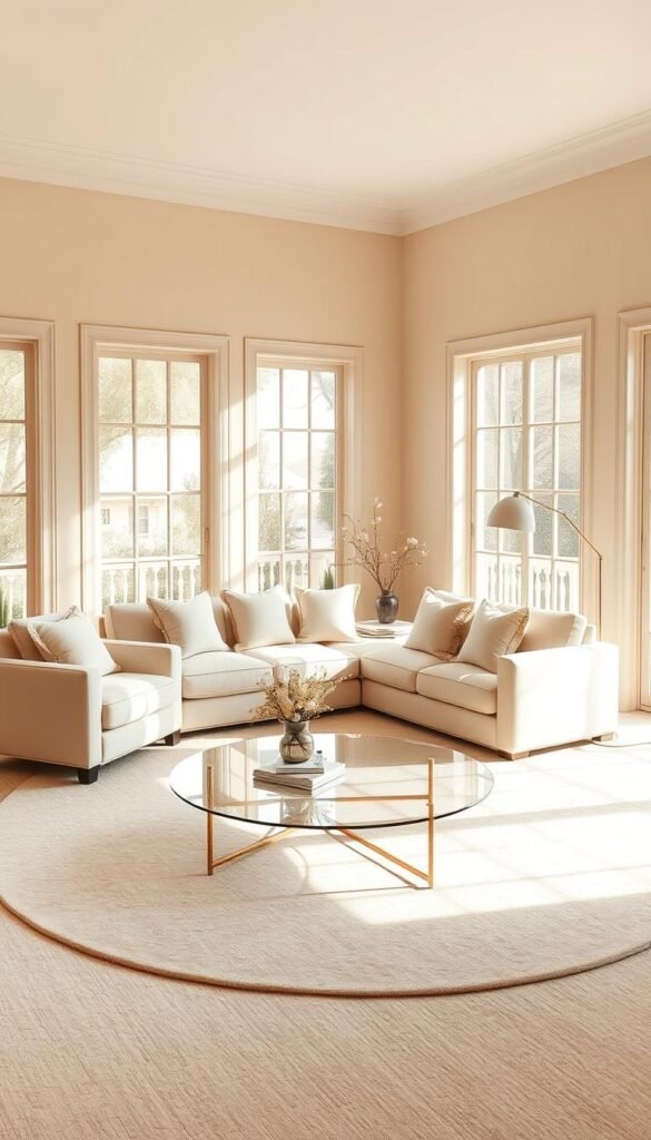 A cozy and serene cream-toned living room bathed in soft, diffused natural lighting. The room features a plush, cream-colored sofa with neatly arranged throw pillows, complemented by a matching armchair and a large, rounded area rug. The walls are painted in a warm, creamy hue, creating a cohesive, monochromatic palette. Elegant, minimalist decor elements such as a sleek, glass-topped coffee table and a simple, metallic floor lamp add subtle touches of sophistication. Large, floor-to-ceiling windows allow the natural light to pour in, enhancing the calm and luxurious atmosphere. The overall scene exudes a sense of refined elegance and tranquility.