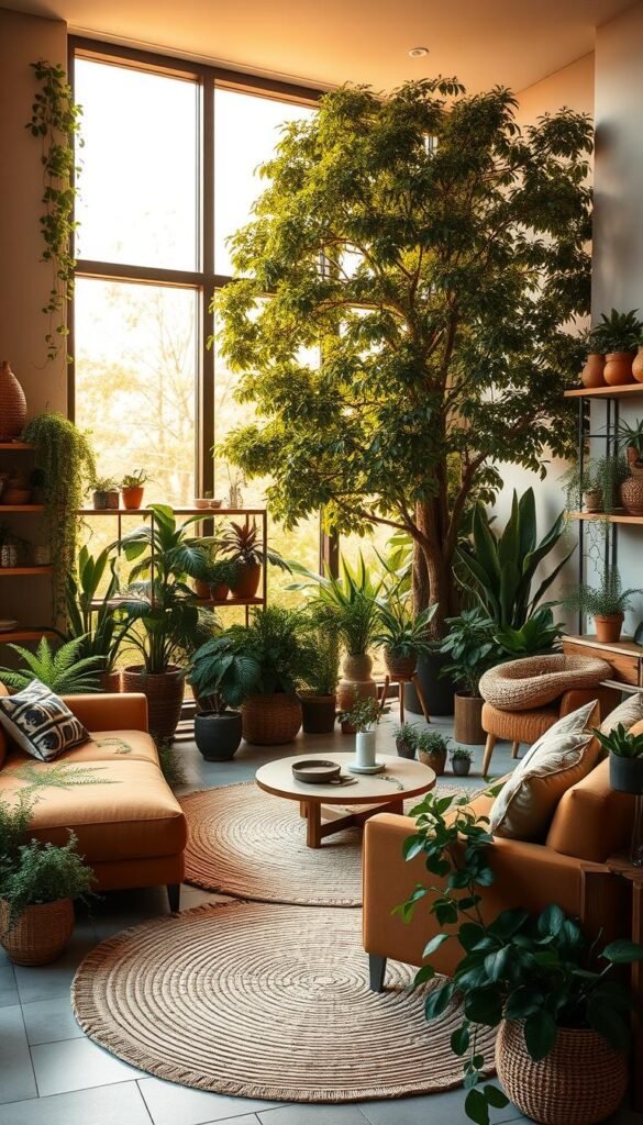 A cozy and serene living room with an abundance of lush, verdant plants and natural elements. A large floor-to-ceiling window bathes the space in warm, diffused sunlight, creating a calming, biophilic atmosphere. In the foreground, a plush, earthy-toned sofa is accented by a collection of potted ferns and trailing vines. Bespoke wooden shelves along the walls display an array of succulents, trailing ivy, and natural décor pieces. Underfoot, a woven natural fiber rug complements the neutral color palette. The middle ground features a low, organic-shaped coffee table surrounded by comfortable armchairs. In the background, a large, statement-making tree or plant anchors the space, blurring the lines between indoors and out.