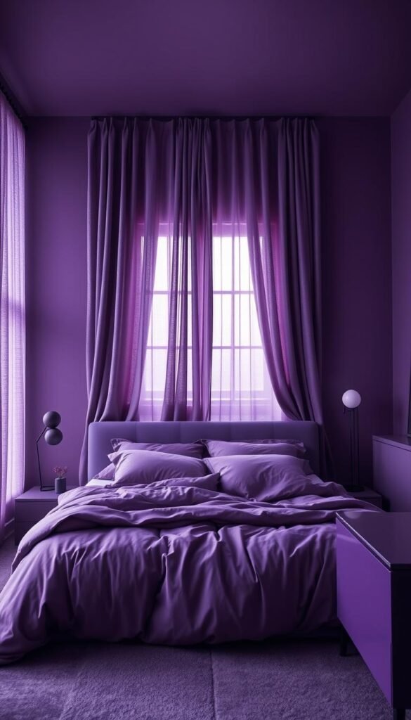 A cozy and serene monochromatic purple bedroom, bathed in soft, diffused lighting. The walls are painted in a deep, velvety eggplant hue, creating a cocoon-like atmosphere. A plush, oversized bed with luxurious bedding in various shades of purple dominates the foreground, inviting relaxation. Subtly textured curtains in a slightly lighter tone frame the windows, filtering the natural light and casting a gentle, ethereal glow. Minimalist nightstands and a sleek, low-profile dresser in a glossy, aubergine finish complete the sophisticated yet calming scene. Ambient lighting from a pair of small, globe-shaped pendant lights and a single, tall floor lamp adds depth and dimension, evoking a sense of tranquility and retreat.