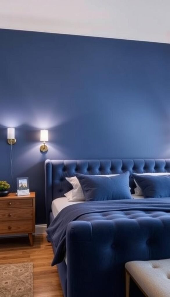 A cozy and soothing blue-hued bedroom with a striking accent wall as the focal point. The wall is a rich, deep navy blue, creating a calming and sophisticated ambiance. Soft, diffused lighting from sconces illuminates the space, casting gentle shadows and highlights. In the foreground, a plush, tufted headboard in a complementary shade of blue anchors the bed, inviting you to sink into its comfort. Warm wood tones in the nightstands and floor add depth and contrast, while the clean, minimalist decor allows the blue accent wall to take center stage, drawing the eye and commanding attention.