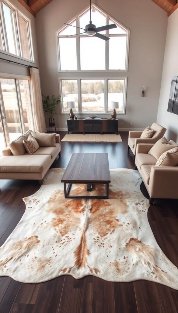A cozy and stylish living room with a carefully curated furniture selection. In the foreground, a plush, light-colored cowhide rug lies on a dark hardwood floor, framed by a low-profile, L-shaped sectional sofa upholstered in a neutral tone. Positioned in the middle ground, a wooden coffee table with a modern, minimalist design complements the rug and sofa. Behind, a pair of comfortable armchairs in a complementary shade flank a sleek, modern console table, creating a balanced and cohesive arrangement. The room is bathed in warm, natural lighting, with large windows offering a view of a serene outdoor scene. The overall atmosphere exudes a refined, Western-inspired elegance that invites relaxation and comfort. A cozy and stylish living room with a carefully curated furniture selection. In the foreground, a plush, light-colored cowhide rug lies on a dark hardwood floor, framed by a low-profile, L-shaped sectional sofa upholstered in a neutral tone. Positioned in the middle ground, a wooden coffee table with a modern, minimalist design complements the rug and sofa. Behind, a pair of comfortable armchairs in a complementary shade flank a sleek, modern console table, creating a balanced and cohesive arrangement. The room is bathed in warm, natural lighting, with large windows offering a view of a serene outdoor scene. The overall atmosphere exudes a refined, Western-inspired elegance that invites relaxation and comfort.