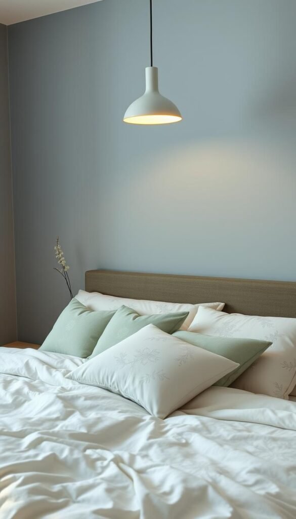A cozy and tranquil bedroom setting, bathed in soft, soothing hues. The walls feature a calming, muted blue-gray tone, creating a serene ambiance. In the foreground, a plush, ivory-colored bedding set invites relaxation, with delicate, muted floral patterns adding a touch of elegance. Strategically placed accent pillows in shades of sage and pale lavender complement the color palette. Warm, diffused lighting from a minimalist pendant fixture casts a gentle glow, enhancing the overall sense of comfort and tranquility. The overall composition exudes a harmonious, spa-like atmosphere, perfect for unwinding and escaping the stresses of the day.