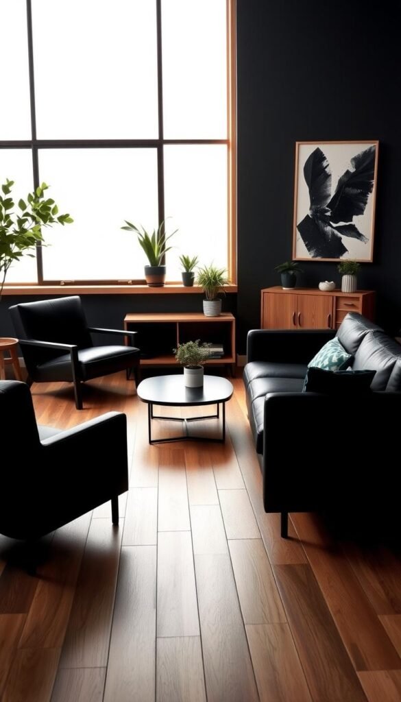 A cozy and warm living room setting, showcasing a harmonious blend of black and wood tones. In the foreground, a plush black leather sofa sits atop a natural wood-paneled floor, complemented by a sleek black coffee table. Flanking the sofa, two black minimalist armchairs invite relaxation. The middle ground features a large, rectangular window that allows natural light to flood the space, casting a warm glow on the wood-framed artwork and a wooden console table adorned with potted plants. In the background, a black-and-white abstract painting hangs on the wall, adding depth and visual interest to the room. The overall atmosphere exudes a sense of refined sophistication and a calming, inviting ambiance.
