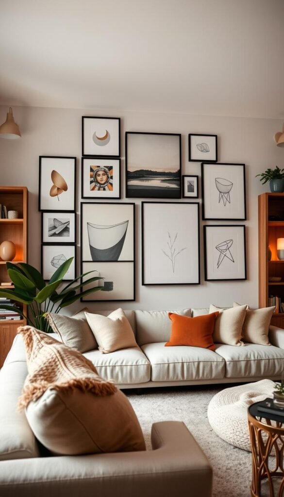 A cozy and well-curated gallery wall arrangement takes center stage in this modern chic living room. The focal point is a harmonious collection of framed artwork, ranging from abstract paintings to minimalist line sketches, arranged in an asymmetrical layout that adds visual interest. Warm lighting from sleek wall sconces casts a soft glow, complementing the neutral color palette of the room. The artwork is flanked by clean-lined wooden shelving units, providing both storage and display opportunities. Lush indoor plants and plush textiles in earthy tones complete the polished, elevated aesthetic, creating an inviting and sophisticated ambiance.