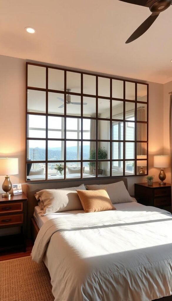 A cozy and well-lit bedroom with a strategic mirror wall placement. The mirrors are arranged in a symmetrical grid pattern, reflecting the natural light and creating an illusion of depth and spaciousness. The mirrors are framed in a minimalist, rustic style, blending seamlessly with the warm, earthy tones of the room. Soft, diffused lighting from overhead fixtures and table lamps casts a soothing ambiance, further enhancing the sense of openness and tranquility. The mirror wall is positioned opposite a large window, maximizing the reflection of the outdoor scenery and giving the impression of an extended living space. The overall atmosphere is one of calm, elegance, and a touch of modern sophistication.