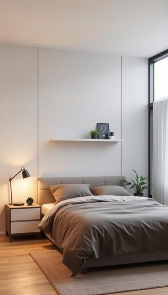 A cozy and well-organized small bedroom with a focus on efficient zone creation. In the foreground, a minimalist double bed with plush bedding and two bedside tables, one with a sleek lamp casting warm lighting. In the middle ground, a wall-mounted floating shelf showcasing a few decorative items and plants, adding visual interest. The background features a soothing neutral-toned accent wall, complemented by a large window allowing natural light to filter in, creating a tranquil and inviting atmosphere. The room is designed with clean lines, subtle textures, and a harmonious color palette, maximizing the limited space while maintaining a modern and sophisticated feel.