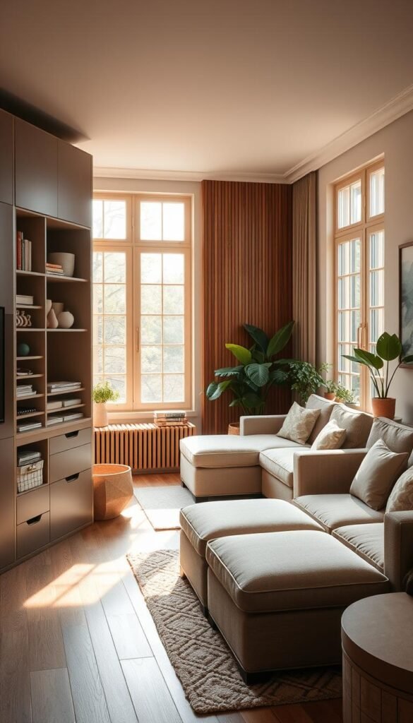 A cozy and well-organized small living room, flooded with warm, natural light pouring in through large windows. In the foreground, a sleek and minimalist storage unit with hidden compartments, shelves, and drawers, optimizing every inch of space. Midground features a plush, L-shaped sectional sofa with built-in storage ottomans, providing ample seating and concealed storage. The background showcases a neutral color palette, with wooden accents and plants adding a touch of greenery, creating a harmonious and inviting atmosphere.