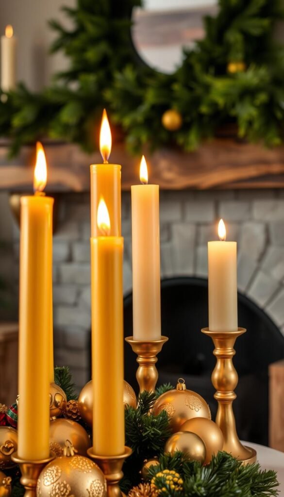 A cozy arrangement of gleaming gold candles adorns a festive living room. In the foreground, a cluster of tall, tapered candles in varying heights flicker warmly, their golden light reflecting off the surrounding ornaments and decor. In the middle ground, a pair of sturdy, wide-based candles stand proudly, casting a soft glow across the scene. The background features a lush, verdant garland draped over a rustic mantel, adding depth and a touch of natural elegance. The overall atmosphere is one of sophisticated holiday cheer, inviting viewers to bask in the radiant, golden ambiance.